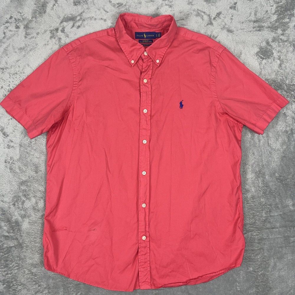 Polo‎ Ralph Lauren Shirt M Pink Salmon Untucked Fit Feather Weight Twill Read**